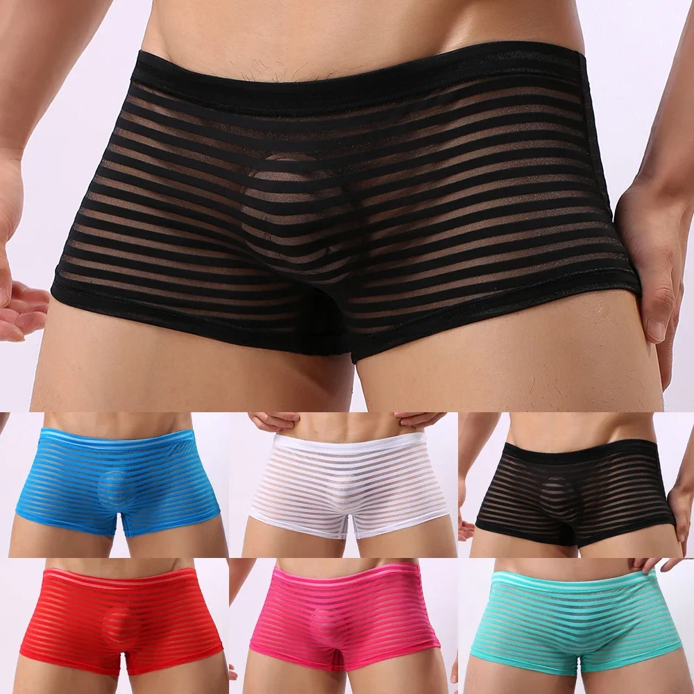 Sexy Men Striped See Through Seamless Boxer Fashion Briefs Comfortable Underwear Shorts Seamless Trunks Transparent Underpants
