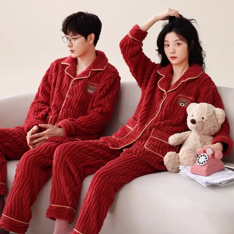 Lovebird Pajama Sets Women's autumn and Winter Coral Velvet Thickened Warm Lapel Flannel Men's Homewear Set Couple Sleepwear