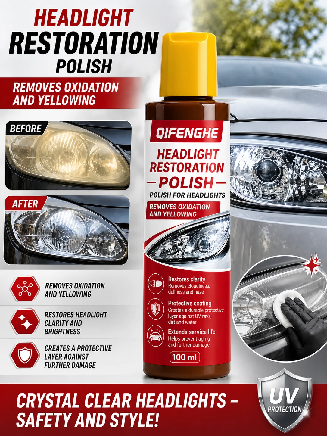 QIFENGHE 100ml Car Headlight Restoration Polish, Remove Oxidation Yellowing Haze, UV Protective Coating for Car Headlight Lens