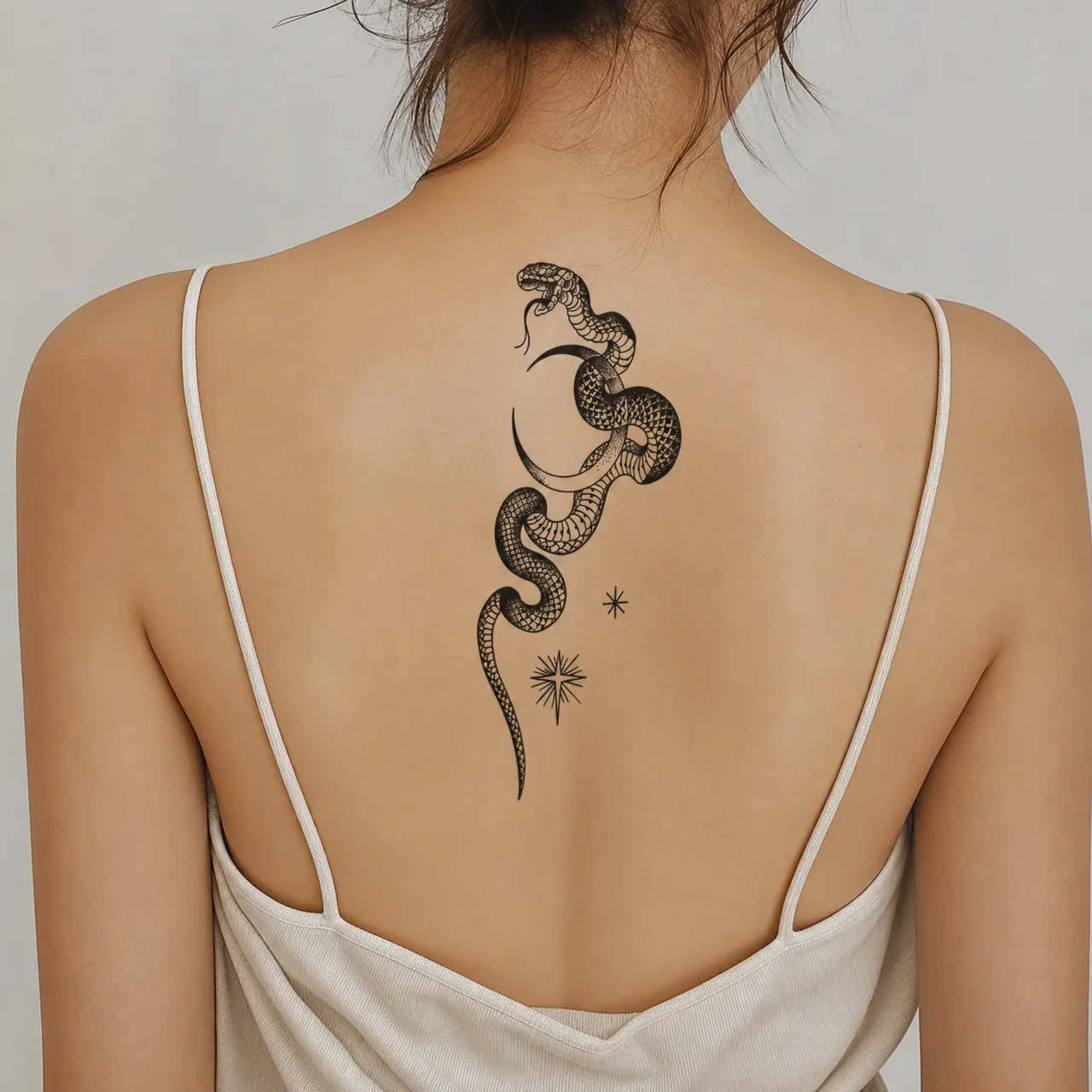 1 Sheet Per Pack Temporary Tattoo Sticker Black Waterproof Long Lasting Snake Moon Star Blackwork Line Art Back Spine for Women