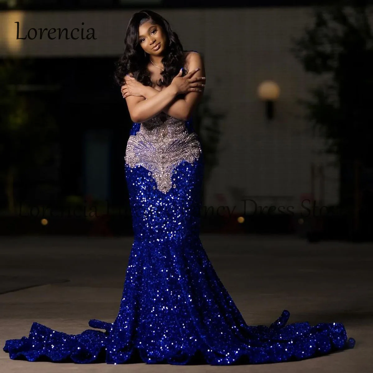 Glitter Blue Crystal Mermaid Long Prom Dresses For Black Girls Rhinestone Sleeveless Evening Party Dresses Formal Party Gowns