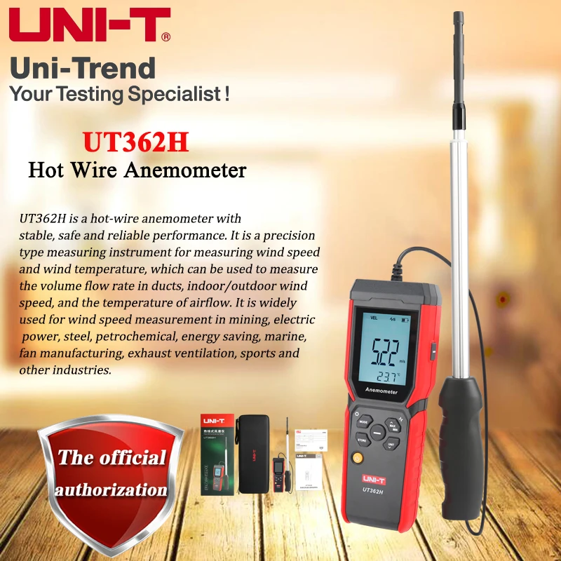 UNI-T UT362H High Precision Hot Wire Anemometer with Retractable Probe;Air velocity/volume/temperature meter