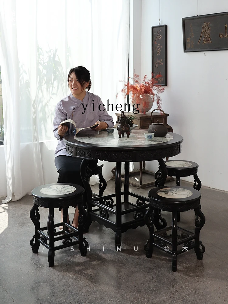 

QZT1 Small Round Table Dining Table and Chair Set Tea Table Round Marble Solid Wood Antique Style