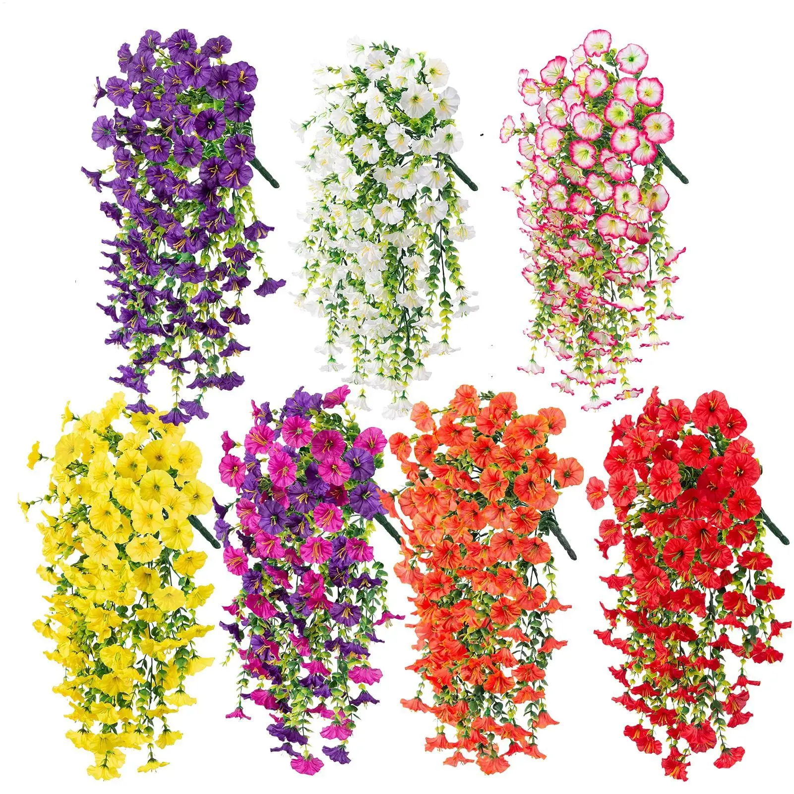 Flores colgantes artificiales de seda, flores falsas de petunia, resistentes a los rayos UV, plantas colgantes para exteriores, decoraciones para el hogar y el jardín, 2 unidades