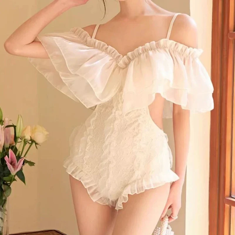 Vintage Ruffles One Piece Swimsuit Women Hollow Out Off Shoulder V Neck Suspender Swimwear Rompers 2025 New Sexy Bathing Suit