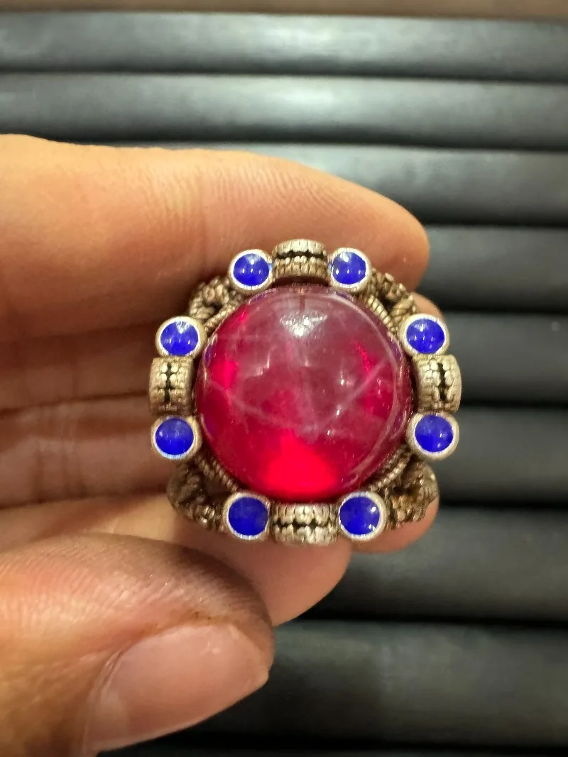 

Tibetan Silver Cloisonne Ring, Inlaid Star Ruby, Retro Ethnic Style, Adjustable Open Band, Unisex Vintage Finger Jewelry
