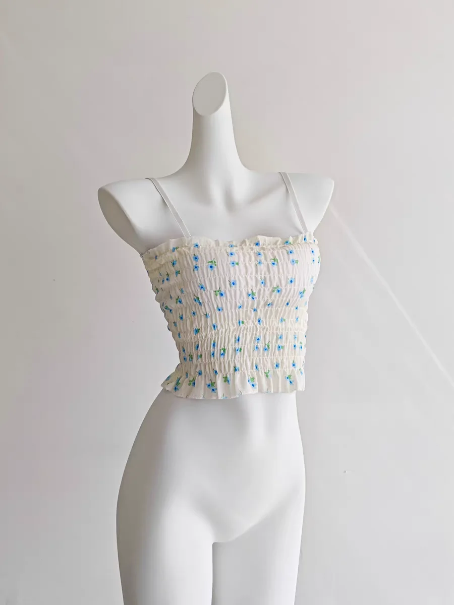 Sweet Pink Floral Ruffle Cami Top – Padded & Tight Fit, Short Cropped Tank Top, Trendy 