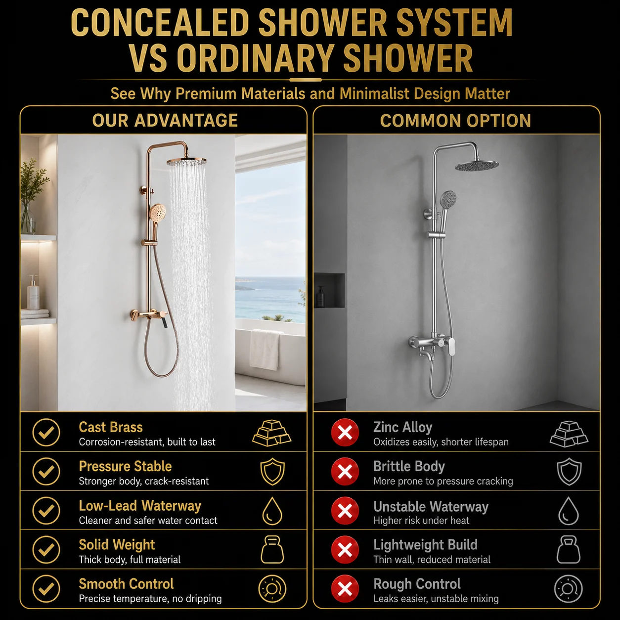 Architectural PVD Brass Shower Set 3-Function Wall Mounted Exposed Mixer OEM ODM Custom Finishes for Luxury Villa Projects
