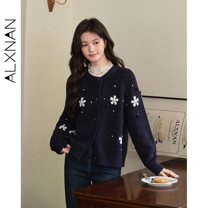 

ALXNAN Women's Cardigans Round-neck 3D Polka Dot Floral Pattern Knitted Sweater Fall Versatile Commuting Ladies Clothing L58005