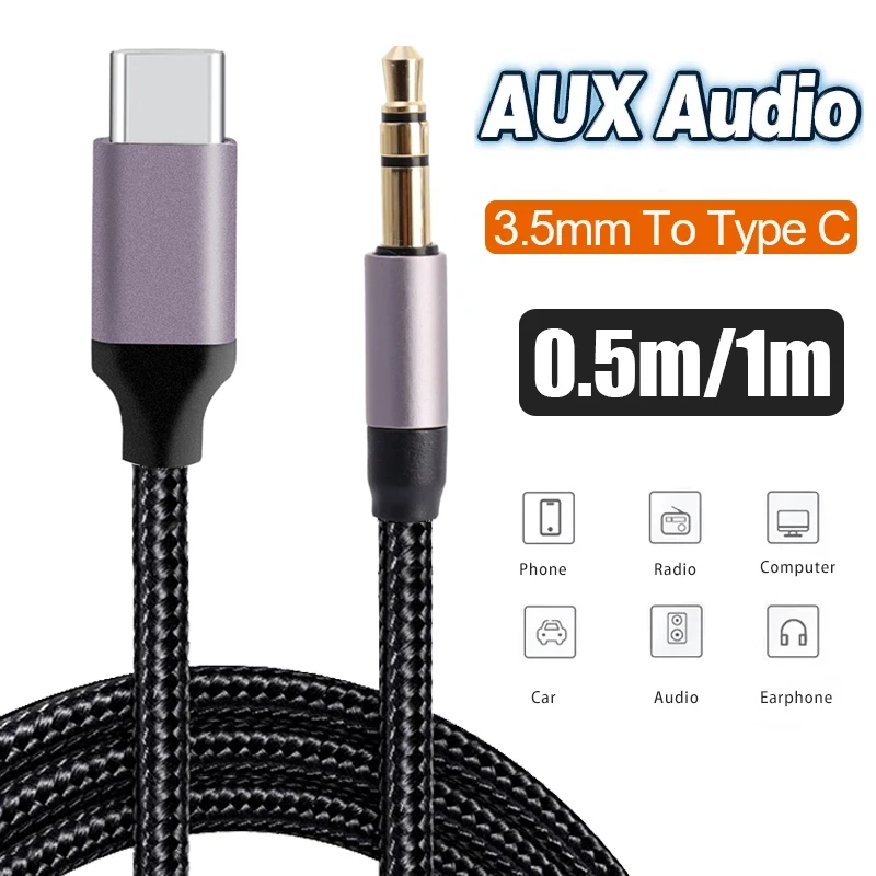 Usb c para 3.5mm adaptador de cabo aux tipo c para aux fone de ouvido conversor de áudio do carro 0.5m/1m cabos de trança de náilon para samsung xiaomi