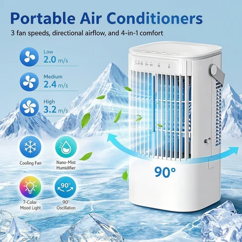 Portable Cooling Fan with Seven-Color Night Light, 900ml Large Capacity, USB Interface, Suitable for Living Room, Bedroom, Etc