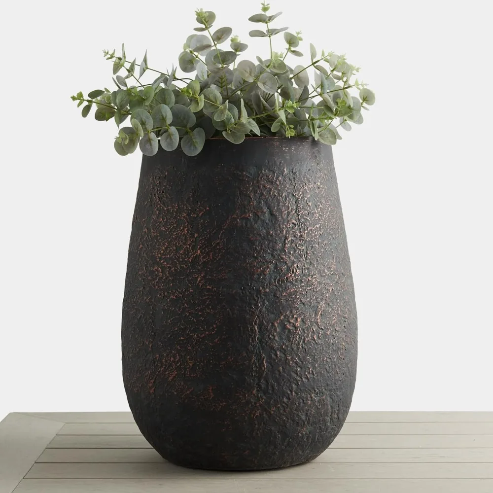 

20" H Weathered Concrete Tall Planter, Black Large Outdoor Indoor Decorative Flower Pot with Drainage Hole, Modern Round Style