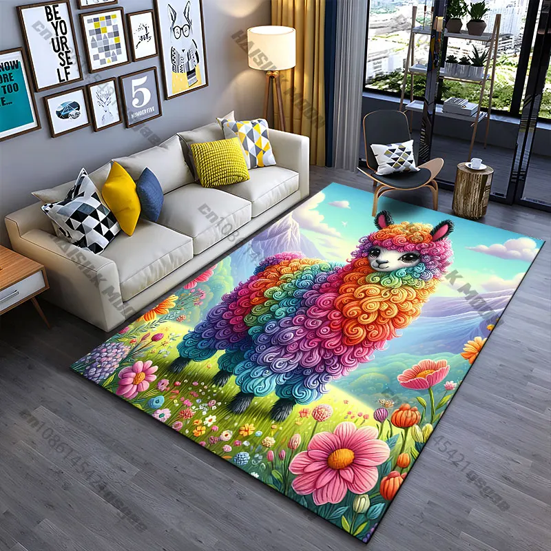 Colorful alpaca in vibrant field carpet Yoga living room room decor children's crawling mat doormat area rug games mat