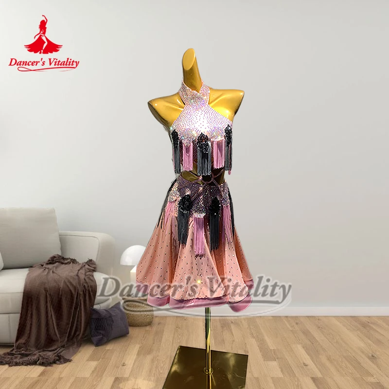 Teenagers Samba Pink Sleeveless Tassels Clothing Dancer's Vitality Latin Dance AB Stones Perform&Contest Outfit Advanced Custom