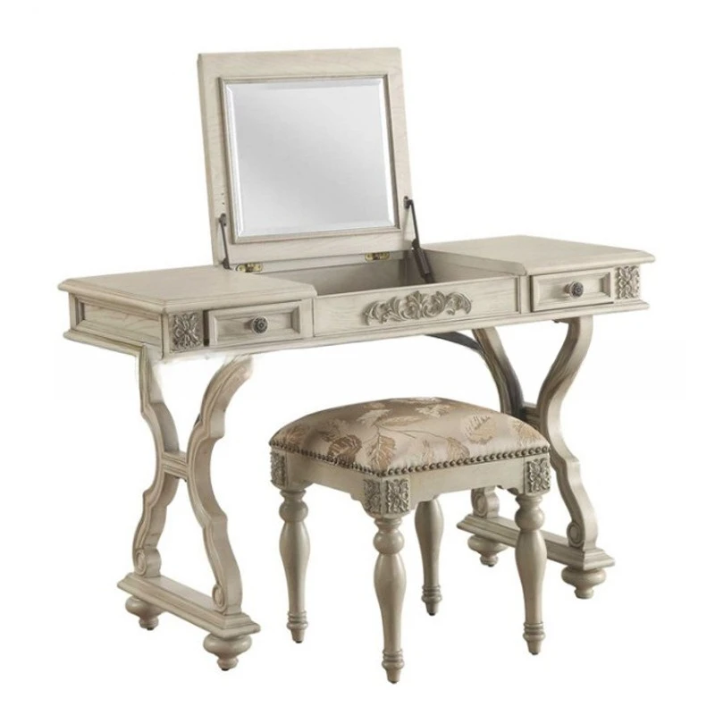 

American solid wood dresser furniture bedroom log old carved dressing table dressing table makeup table makeup stool combination