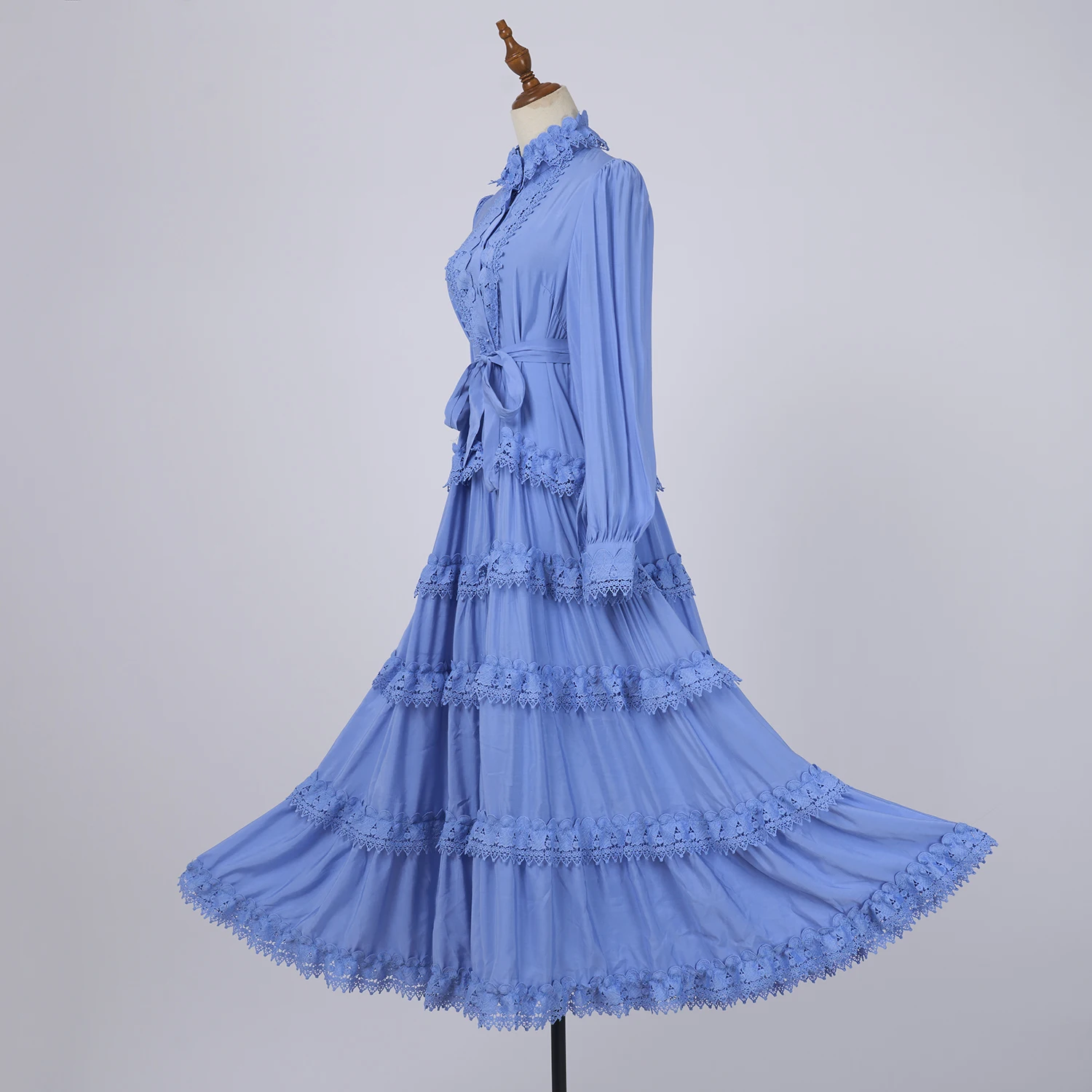 Robe de Soirée en Dentelle Brodée à Volants pour Femme, Tenue de Bal, Manches sulfLanterne, Ceinture Éducative, Automne