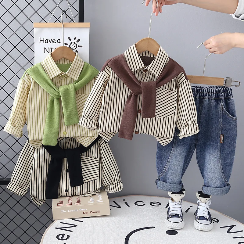 

2025 Spring Children'S Clothing 2pcs Sets For Boys Fashions Shawl Stripe Long Sleeve T-Shirt Denim Outfit Toddler Kids Suits