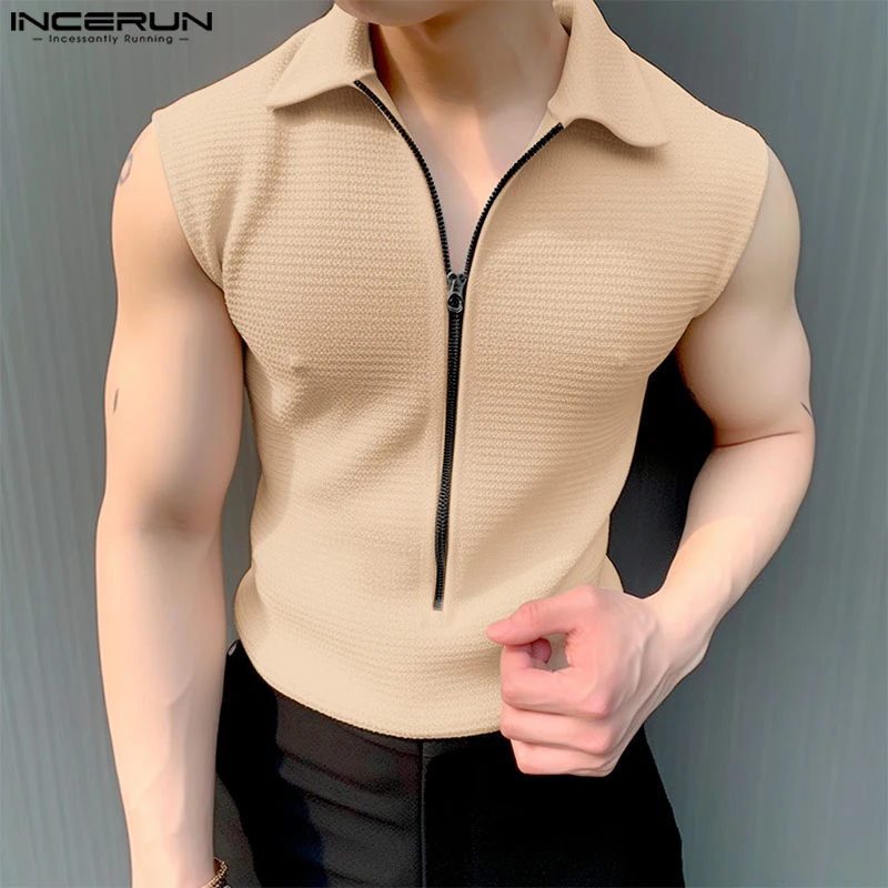 Fashion Well Fitting Tops INCERUN Men\'s Zipper Design T-shirts Casual Streetwear Male Solid Lapel Sleeveless Camiseta S-5XL 2024