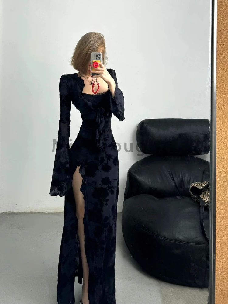 Hepburn Style Y2k Waist Slim Split Long Dress Set Summer Retro Ruched Cardigan + Strap Dress Suit Korea Chic Party Two Piece Set