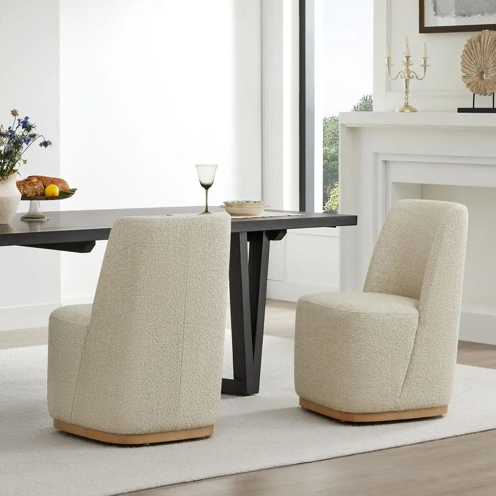 Upholstered Rolling Dining Chair on Casters Set of 2, Oatmeal
