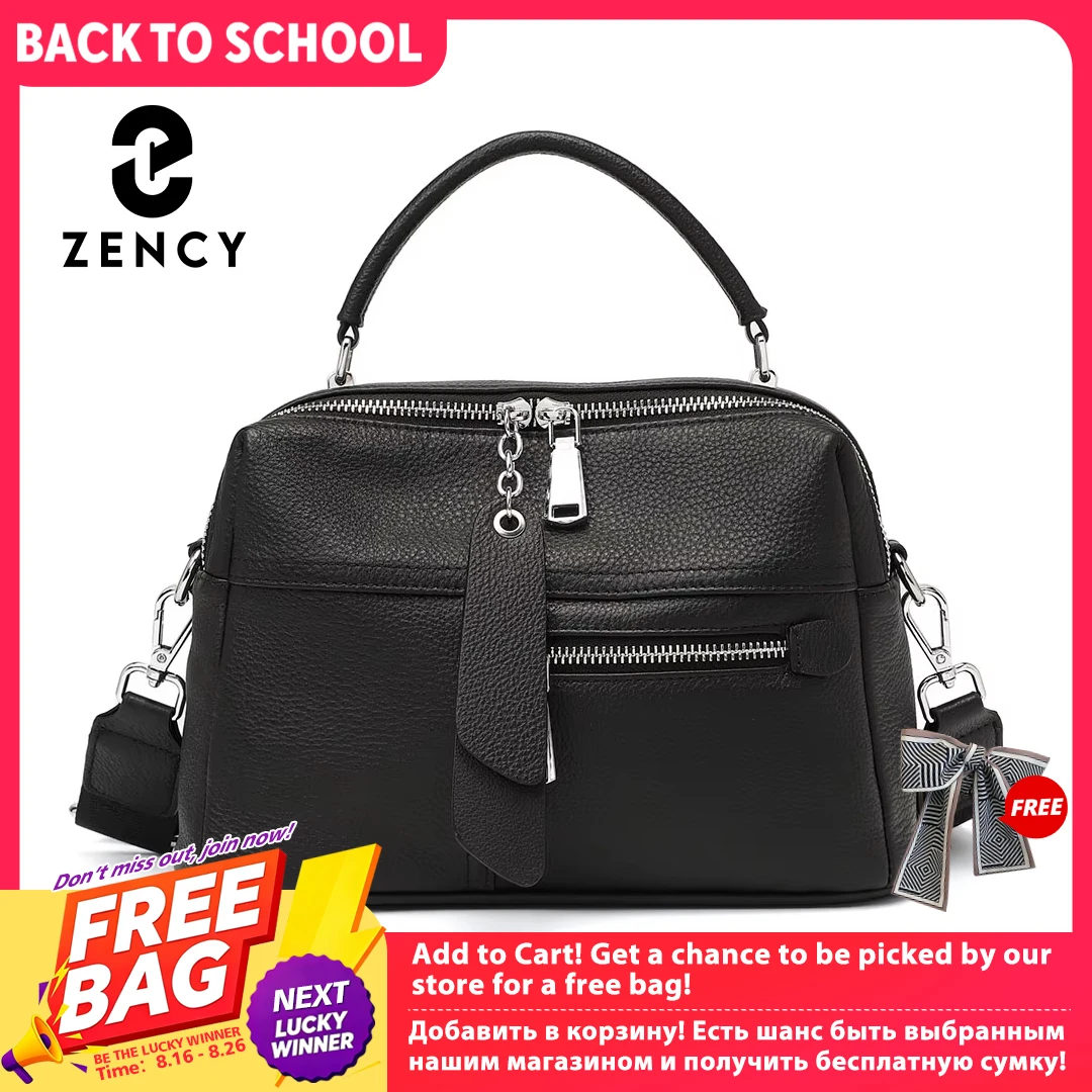 Zency Genuine Leather Handbag Female High Quality Box Bag Classic Fashion Vintage Lady Shoulder Black Crossbody Tote Top-handle