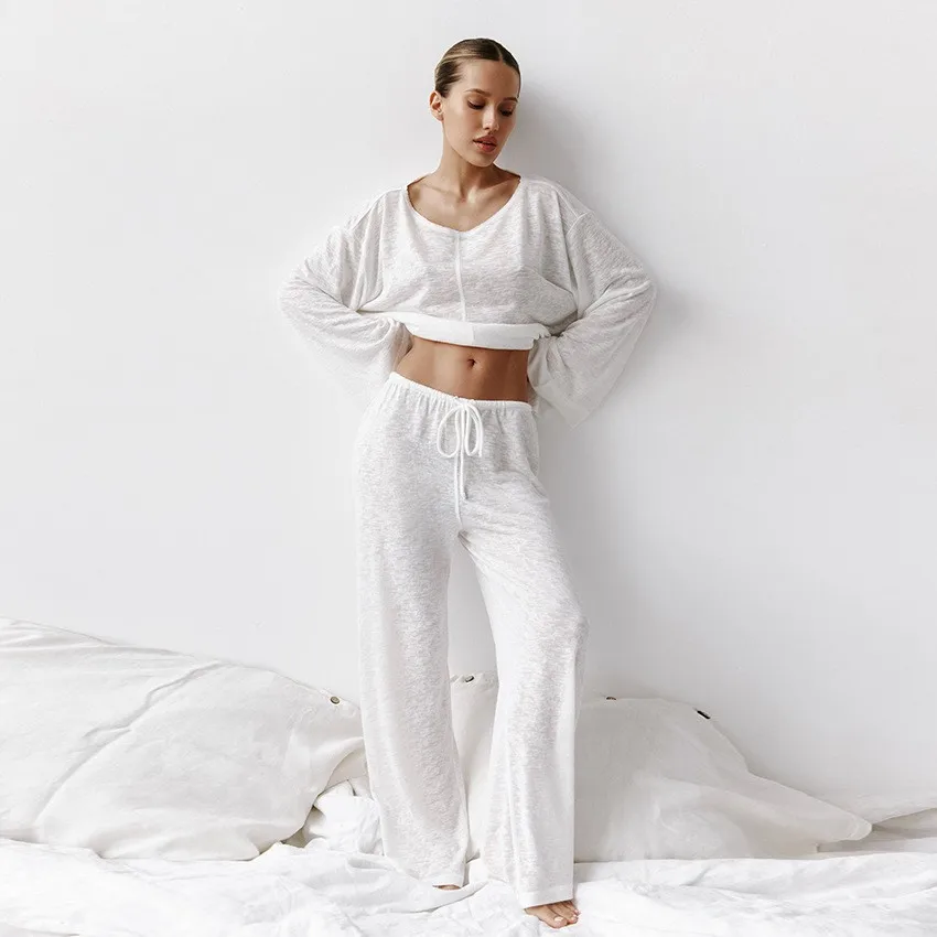 Spring Summer Women's Clothing Neck Long Sleeve Pajamas Set For Polyester Thin Casual Sleepwear Two Loungewear