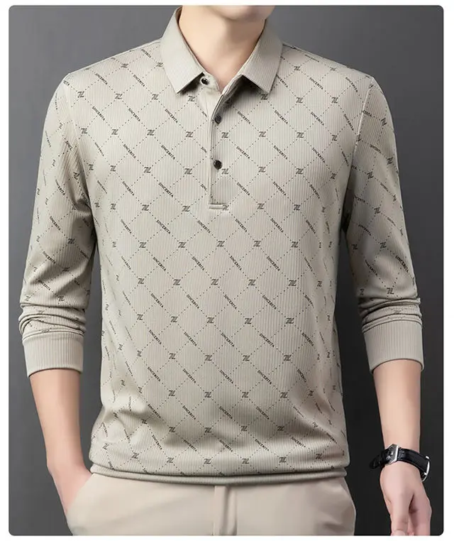 High End Middle-aged Men's Printed Collar Long Sleeved Loose Casual Top for Middle-aged and Young People