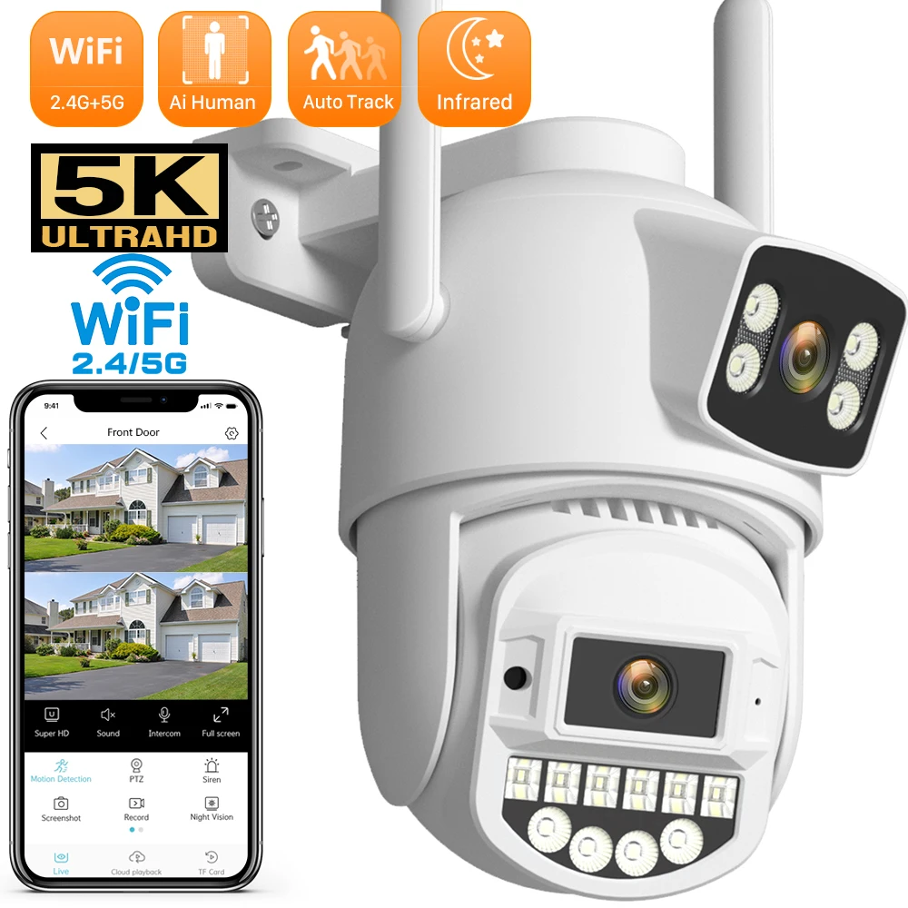 10MP 2.4G+5G Wifi Camera Dual Lens Dual Screen Human Detect Auto Trackt Wireless 5K 8MP Outdoor Onvif Security Protection O-Kam