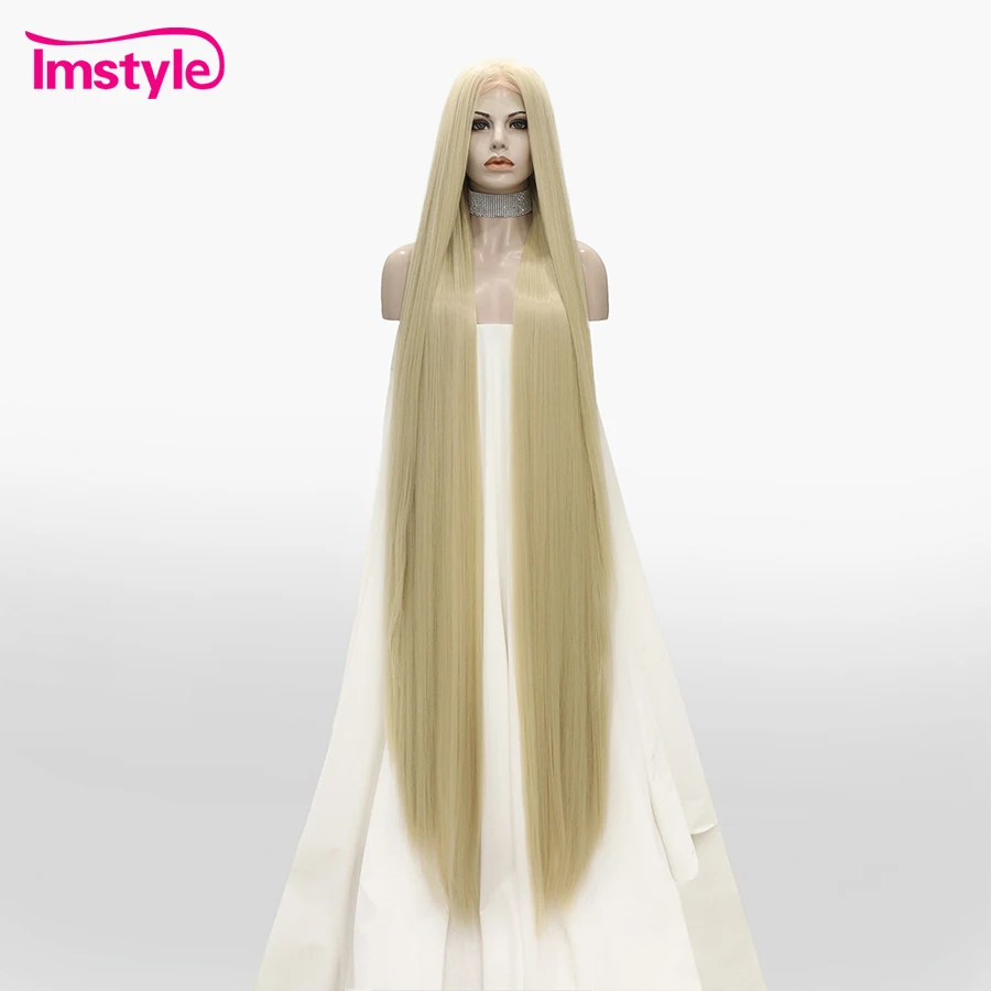 Peruca dianteira de renda sintética imstyle para mulheres, super longa, loira, preta, cabelo liso, resistente ao calor, perucas de cosplay, 60"