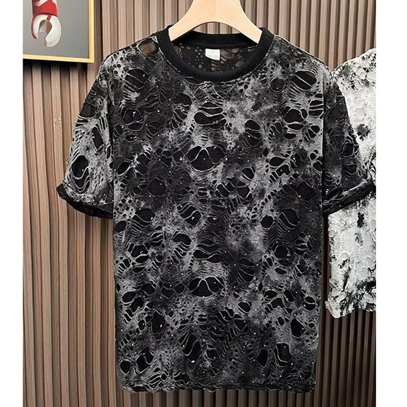 

Fashion O-Neck Casual Hole Diamonds Tie Dye T-Shirts Men's Clothing Summer New Short Sleeve All-match Tops Korean Tee Shirt