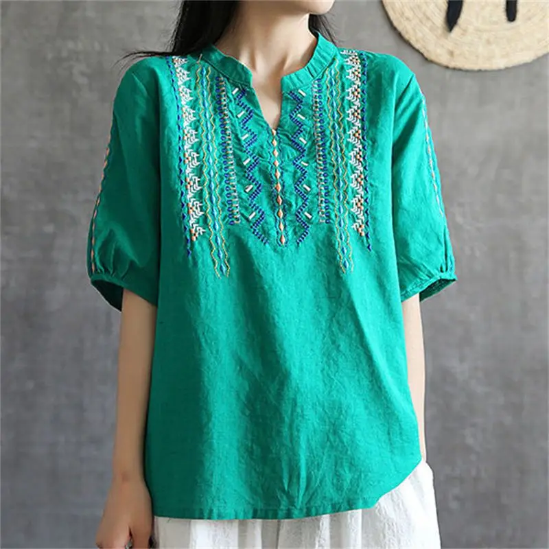 Pregnant Women's Simple Embroidery Loose Top V-neck Cotton Top Summer Versatile Retro Short Sleeve T-shirt Maternity Top LF099