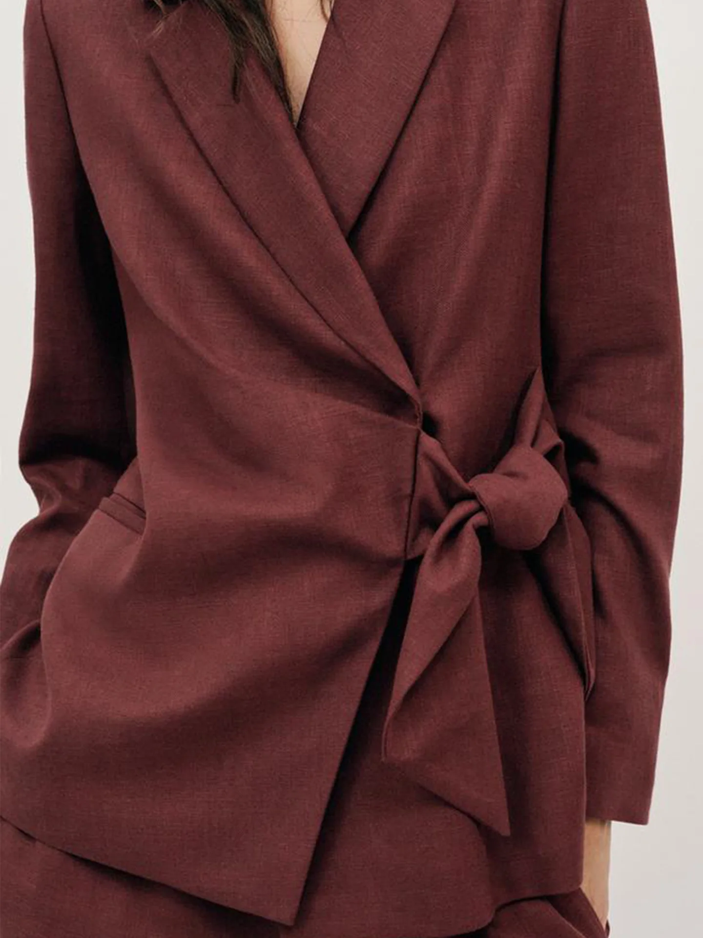 Vintage Burgundy Wrap Front Blazer Women Asymmetric Hem Cinched Waist Self Tie Bow Pocket Notched Lapel Elegant Outerwear 260602