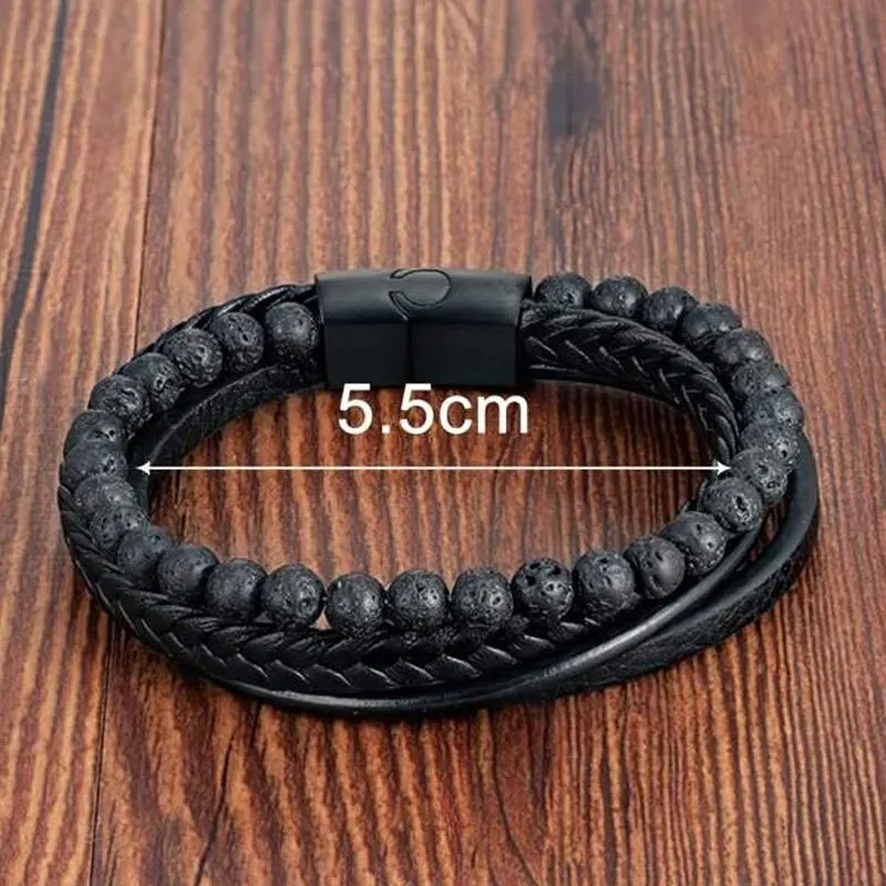 Fashion Volcanic Stone Beaded Bracelet Mutilayer Braided Leather Bracelet For Men Stainless Steel Magnetic Bangle Jewelry Gift