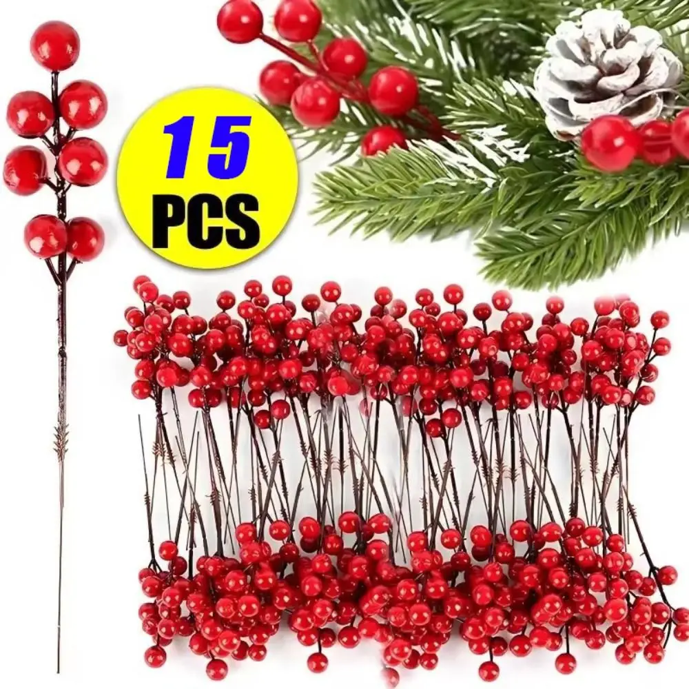 15Pcs 7 Heads Christmas Berry Branches Simulation Xmas Wreath Dress Up Artificial Berries Props Red Holiday Party