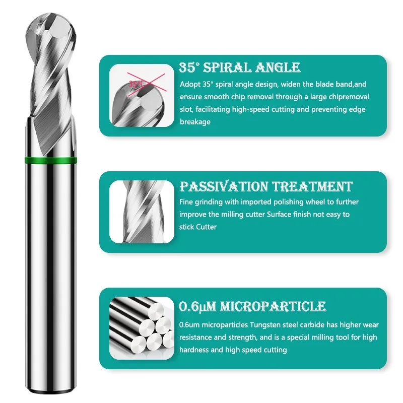 YIFINO-Fresa de extremo de bola de aluminio de carburo de tungsteno de acero herramientas de molino de extremo mecánico CNC Anillo Verde de 2