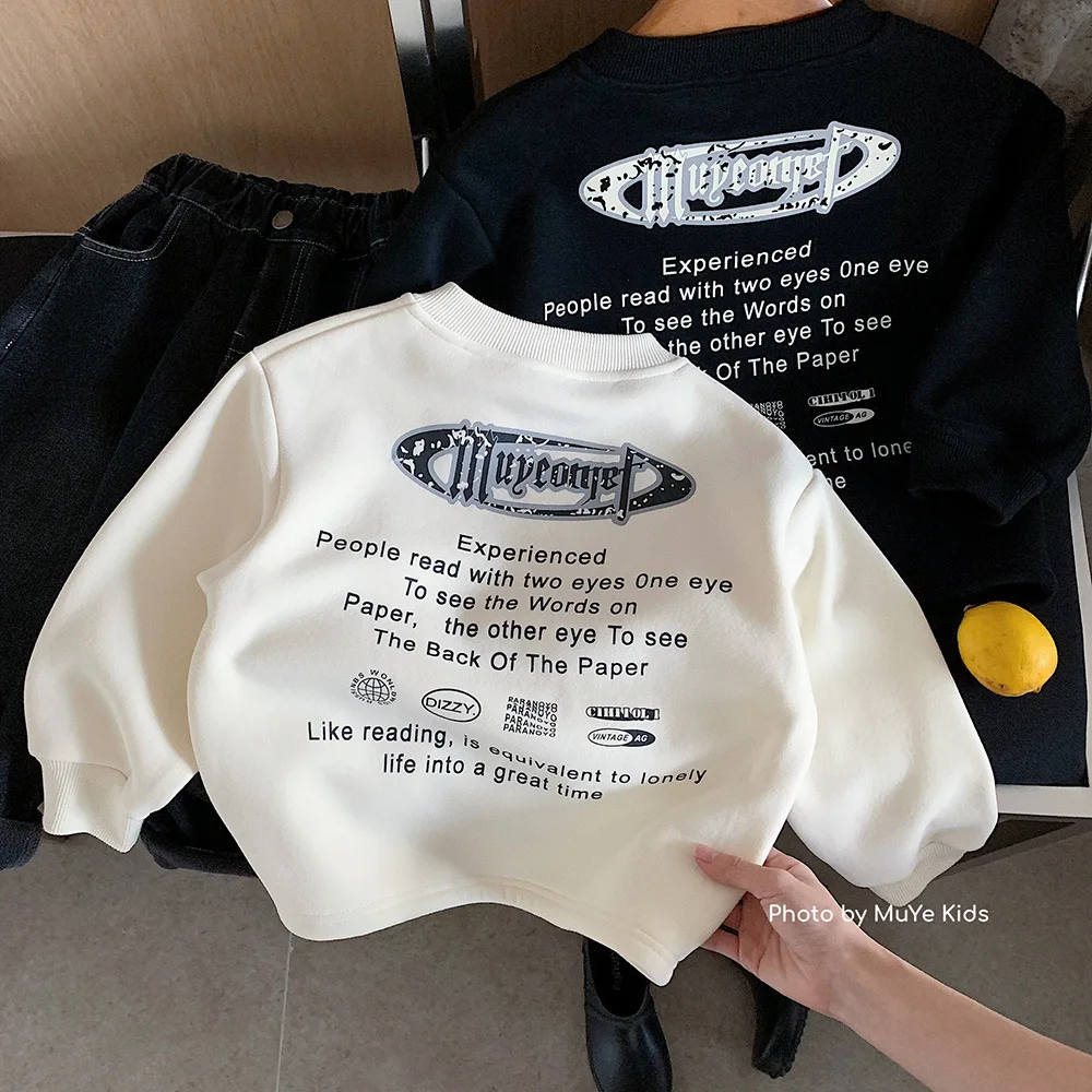 

2025 Winter Toddler Boys Sweatshirt Letter Print Thicken Warm Kids Baby Boys Pullovers Versatile Round Neck Infant Boys Hoodie