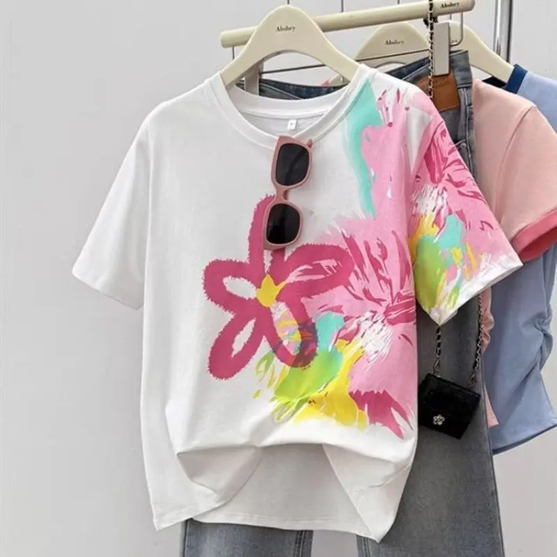 Women Summer Fashion Trend Loose Tie Dye Cotton O-neck Short Sleeve T-Shirt Women Clothes Casual All-match Appear Thin Top Tee