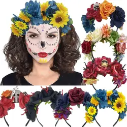 1pc Hot Halloween Rose Flower Crown Headband Mexican Flower Crown Boho Floral Rainbow Hair Headpiece for Party Costume Wedding