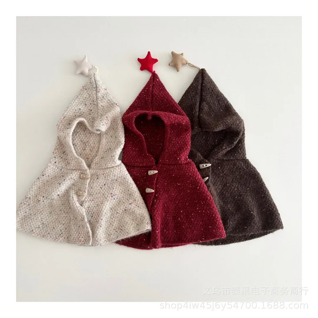 

Baby Cute Star Pattern Hat Vintage Horn Button 2 in1 Hat & Shawl Winter Outdoor Cold Protection Cloak Hat