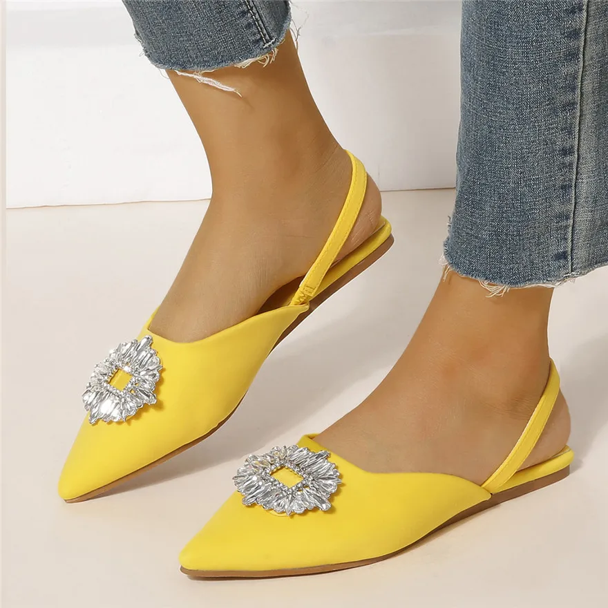 

Ladies Baotou Half Slippers Fashion Crystal Pointed Flats Shoes Dress Shallow Back Strap Female Slides Women's Slingback Sandals