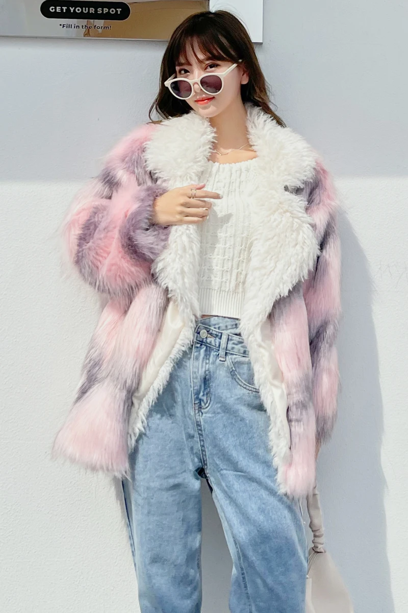 Fur Internet Hot Fall and Winter Lapels Suit Collar Long  Stitching Imitation Mid-Length Coat