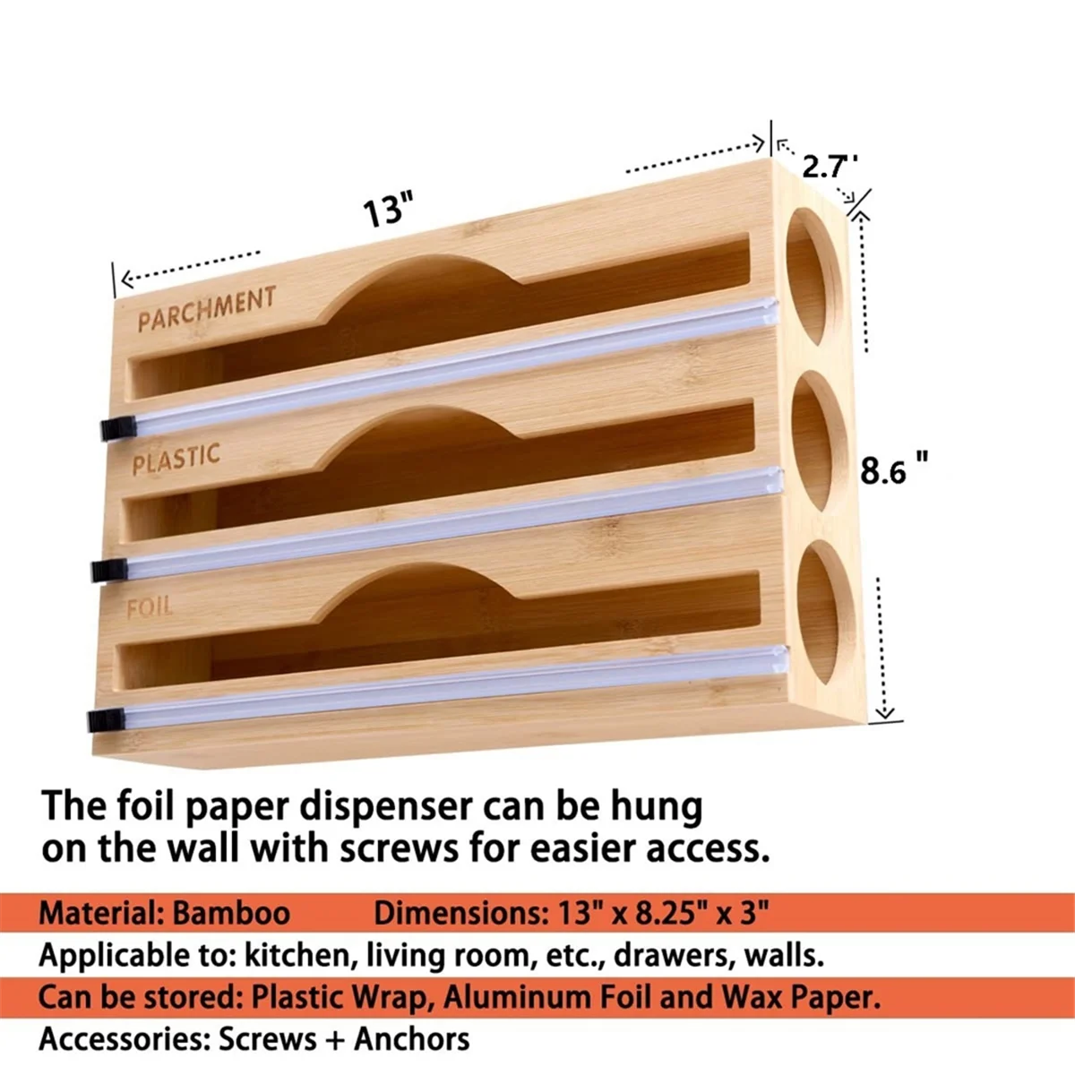 Wrap Dispenser, Aluminum Tin Foil and Wax Paper Storage Dispenser with Slide Cutter & Labels for Kitchen Drawer 3 Grid TQ