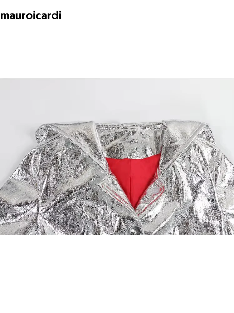 Mauroicardi Jesienny luksusowy elegancki złoty błyszczący płaszcz Maxi ze sztucznej skóry dla kobiet z kapturem Bardzo długa luksusowa designerska odzież