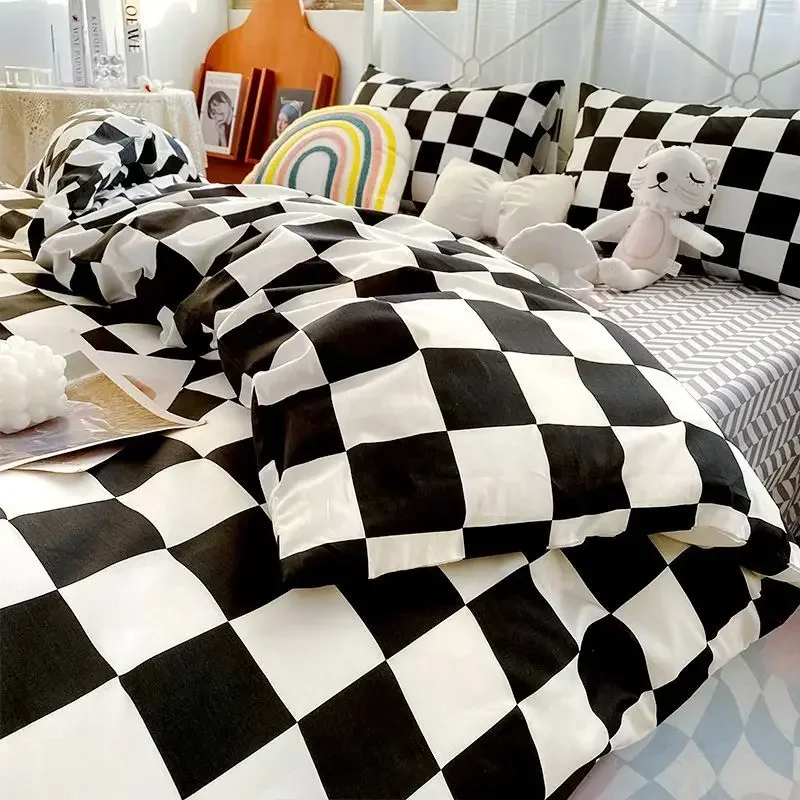 Checkerboard Bedding Set No Comforter Quilt Duvet Cover Pillowcase Flat Sheet Single Queen Size Polyester Bedclothes