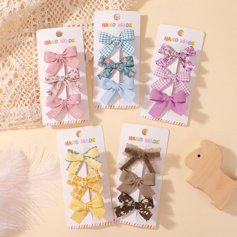 

30 компл./лот (90 шт.), милые заколки для волос из ткани с цветочным принтом, бант с бантом, детские заколки для волос, детские аксессуары для волос