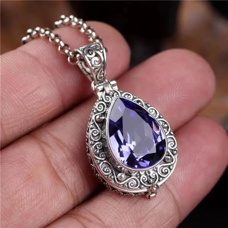 Exquisite Carved Box Pendant Silver-Plated Inlaid Drop-Shaped Amethyst Pendant Lady Can Open Aromatherapy Box Jewelry Gift