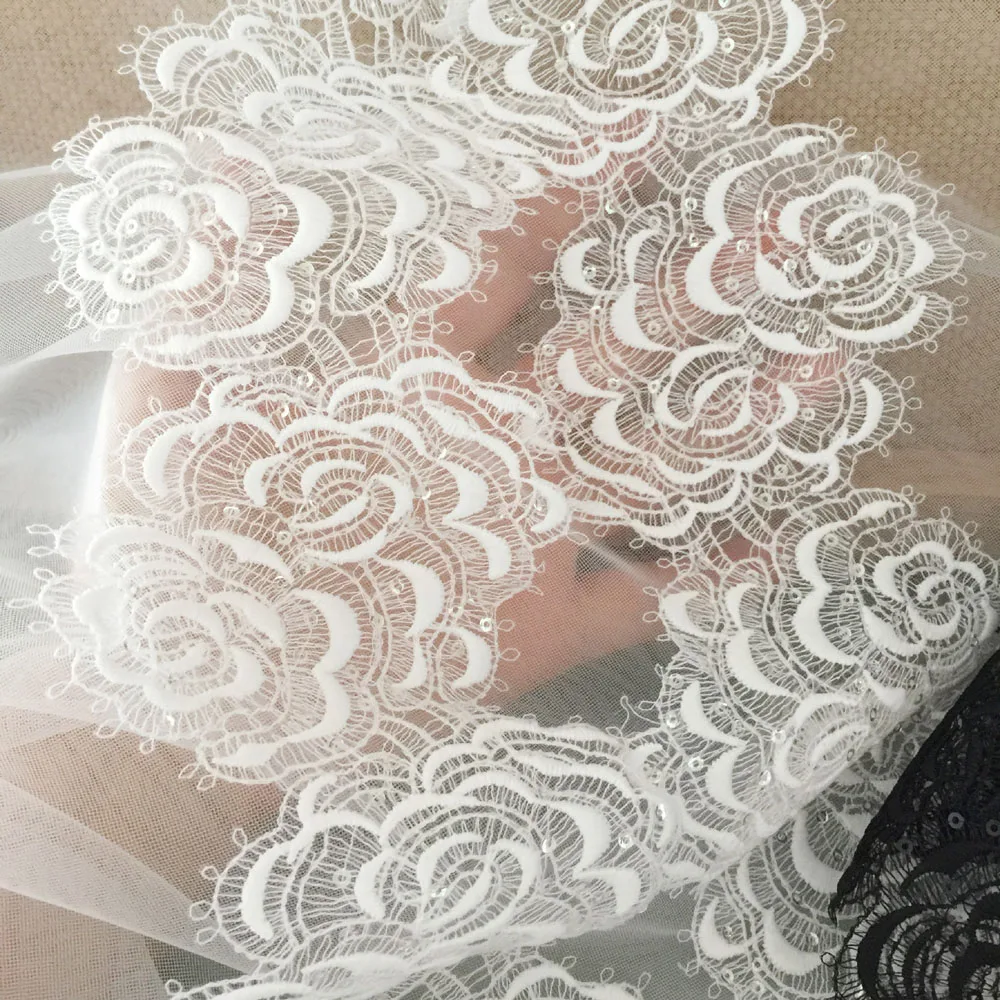 1Yard White Black Flower Squuins Lace Trim Fabric Handmade DIY Clothes Accessories 10CM Wide