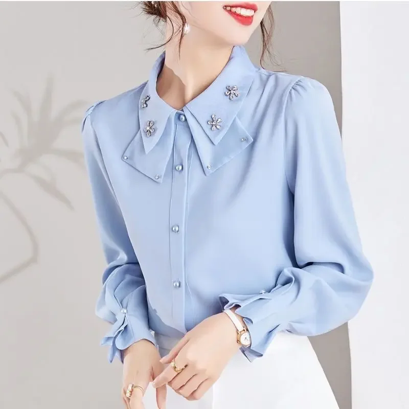 

Spring and Autumn Small Shirt with Long Sleeve Collar Chiffon Shirt Top Doll New Style Bow Western Style Female Interior Korean