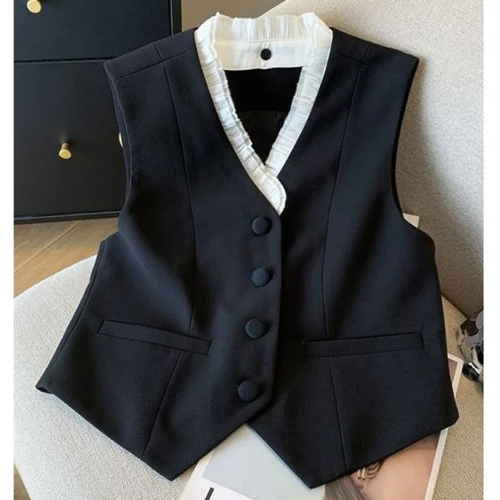 Black Suit Vest Women's Commute Professional V-neck Commuter Compatible Blouse Polyester Fiber 2026 Autumn New Style