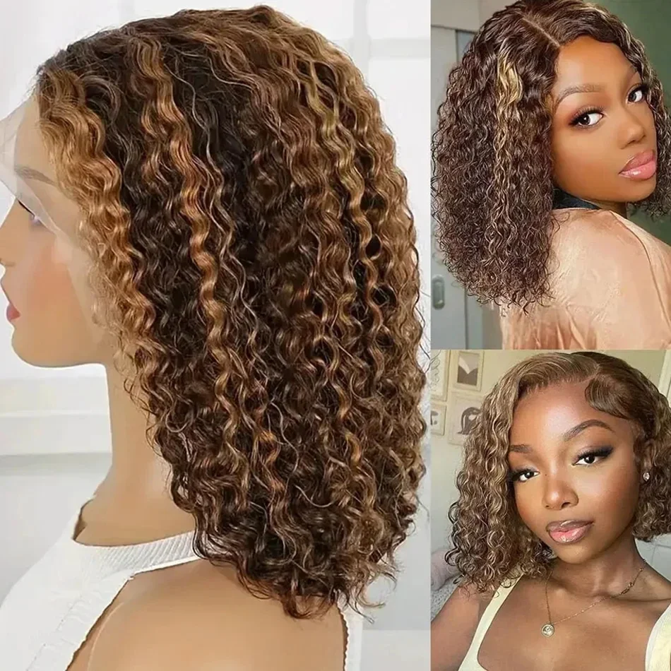 Parrucca con frangia in pizzo, lunghezza 14 pollici, taglio bob corto, effetto ombré, capelli ondulati, con mèches colorate 4/27, biondo miele, senza colla, pizzo HD, parrucca con frangia